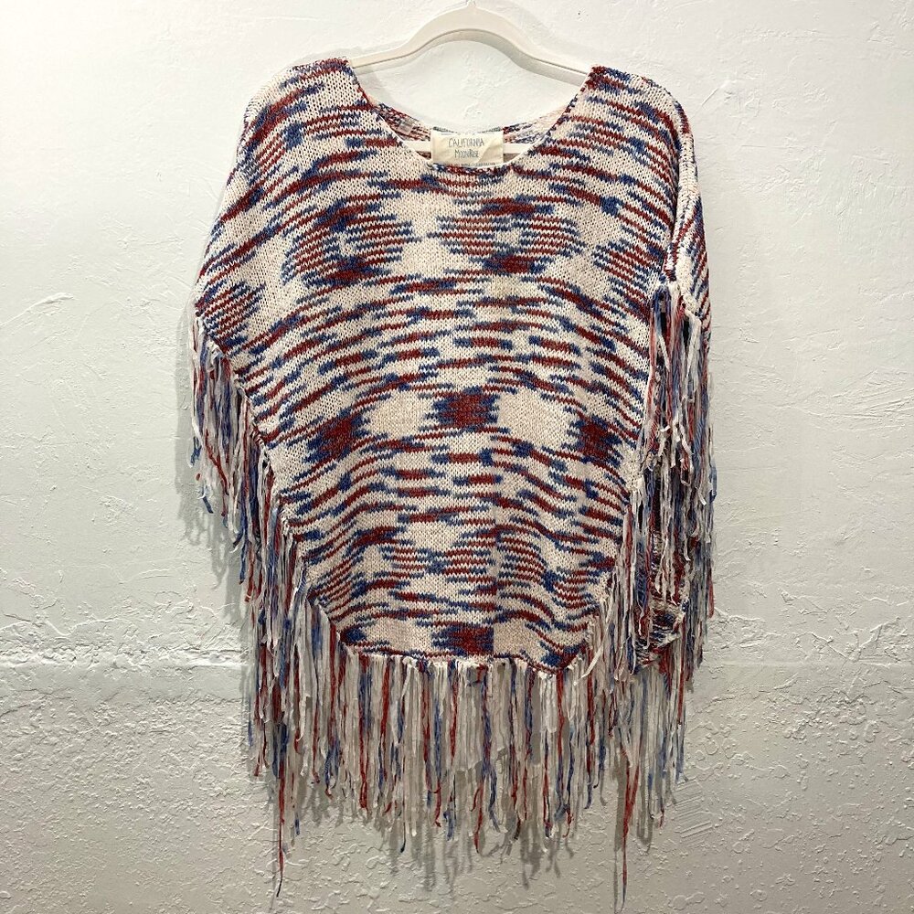 California Moonrise Top Knit Poncho Cover up Fringe Sheer Back White Red XS
